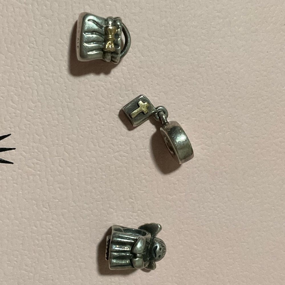 PANDORA 925 STERLING SILVER BIBLE, PURSE, ANGEL  CHARMS 14K YELLOW CROSS & BOW